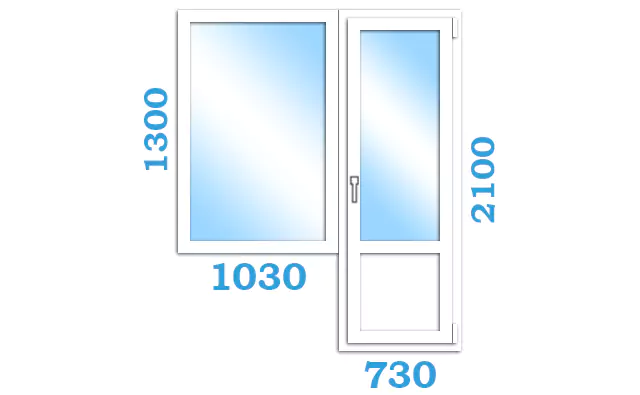 Балконный блок OpenTeck с глухим окном<, размерами 1030 x 1300 и 730 x 2100
